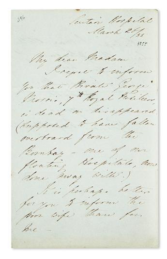 NIGHTINGALE, FLORENCE. Autograph Letter Signed, to an unnamed recipient (My Dear Madam),